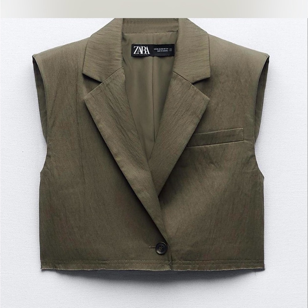 Zara Olive Green Sleeveless Cropped Blazer Vest